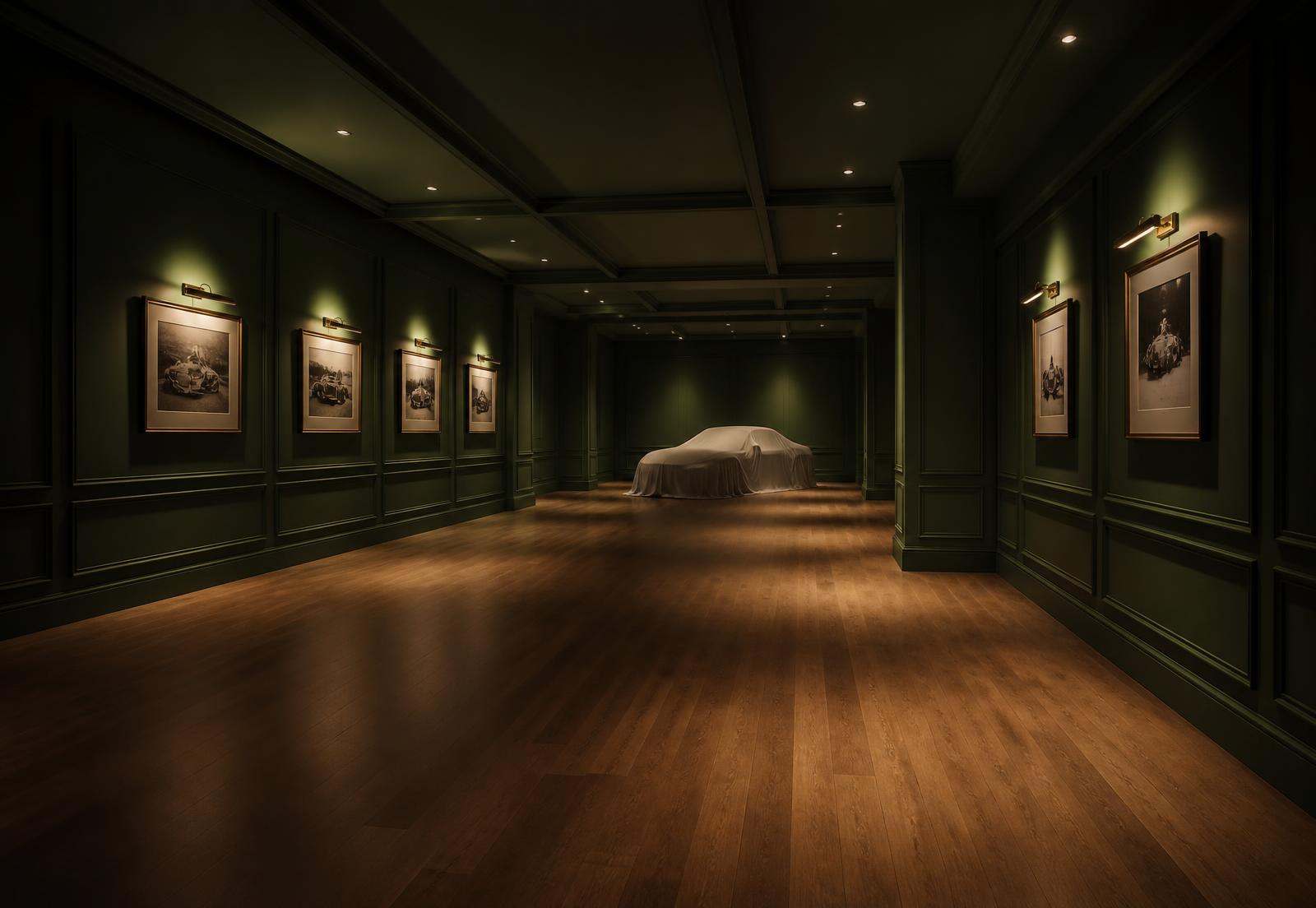 A private collection room, panelled in deep green, with a covered car in the distance